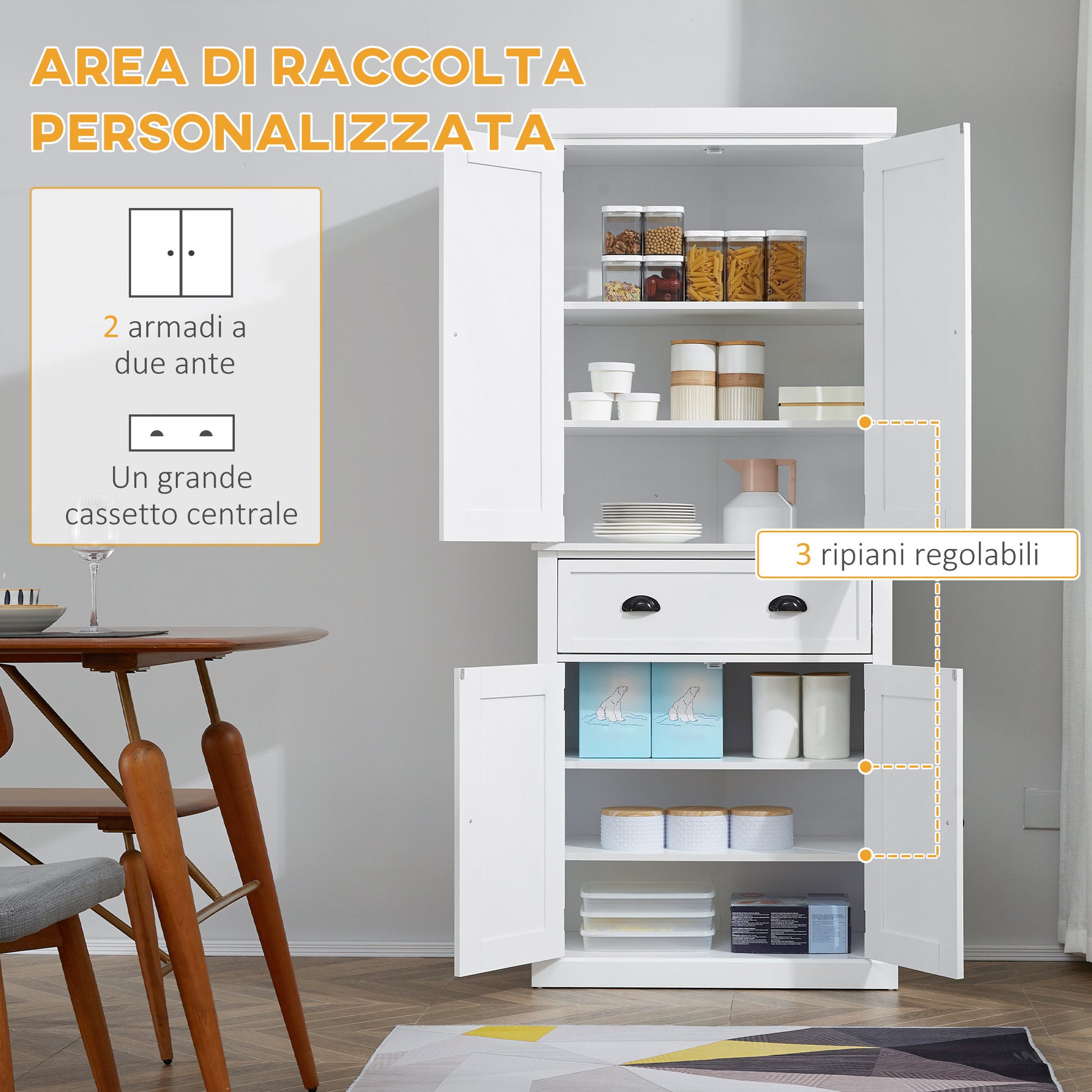 Kitchen Trolley with Upper and Lower Cabinet and Central Drawer in MDF, Chipboard, and Metal, 76x40.5x184 cm, White