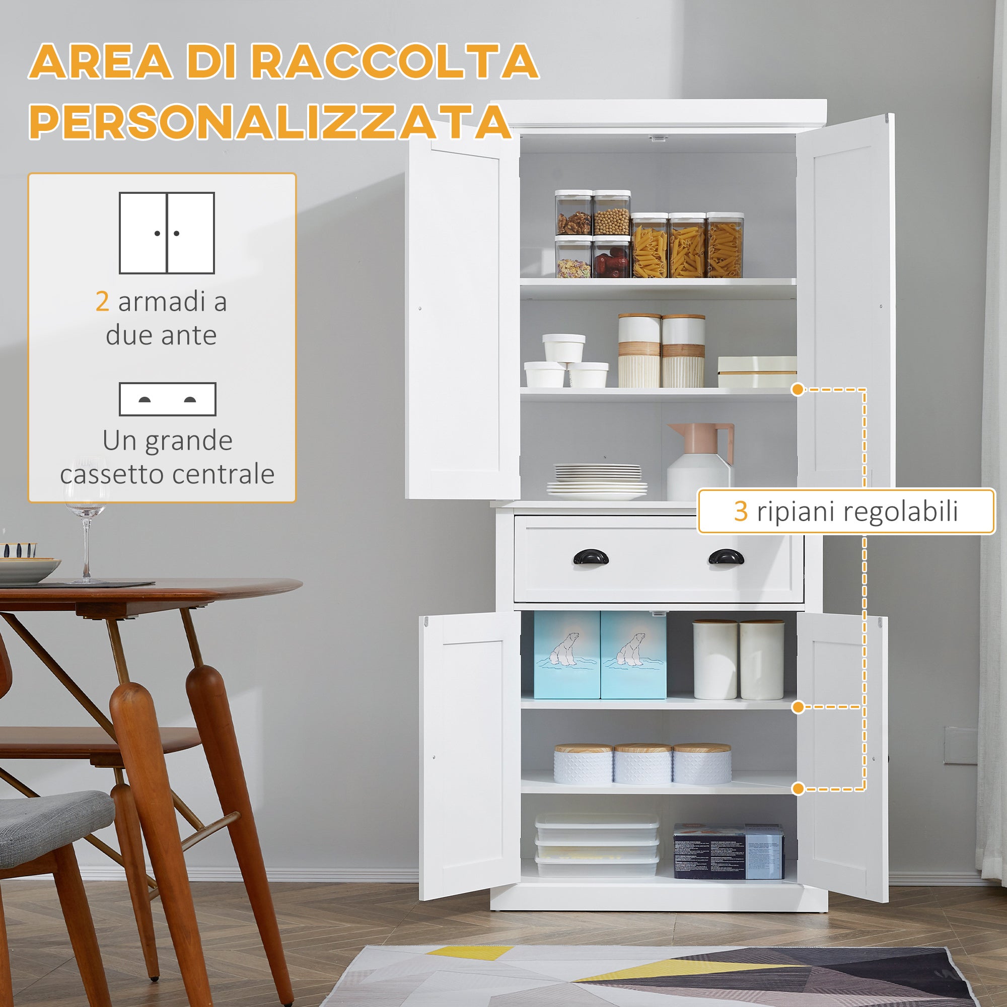 Kitchen Trolley with Upper and Lower Cabinet and Central Drawer in MDF, Chipboard, and Metal, 76x40.5x184 cm, White