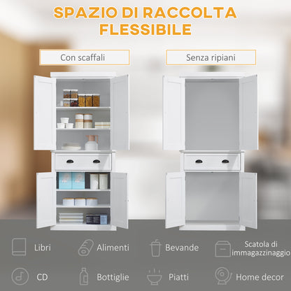 Kitchen Trolley with Upper and Lower Cabinet and Central Drawer in MDF, Chipboard, and Metal, 76x40.5x184 cm, White
