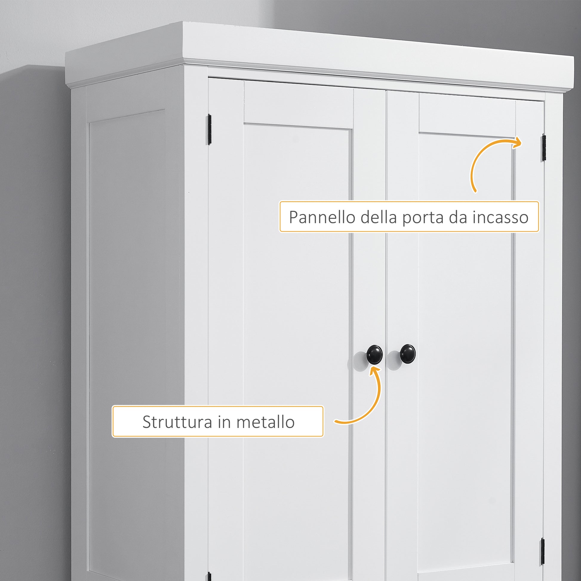 Kitchen Trolley with Upper and Lower Cabinet and Central Drawer in MDF, Chipboard, and Metal, 76x40.5x184 cm, White