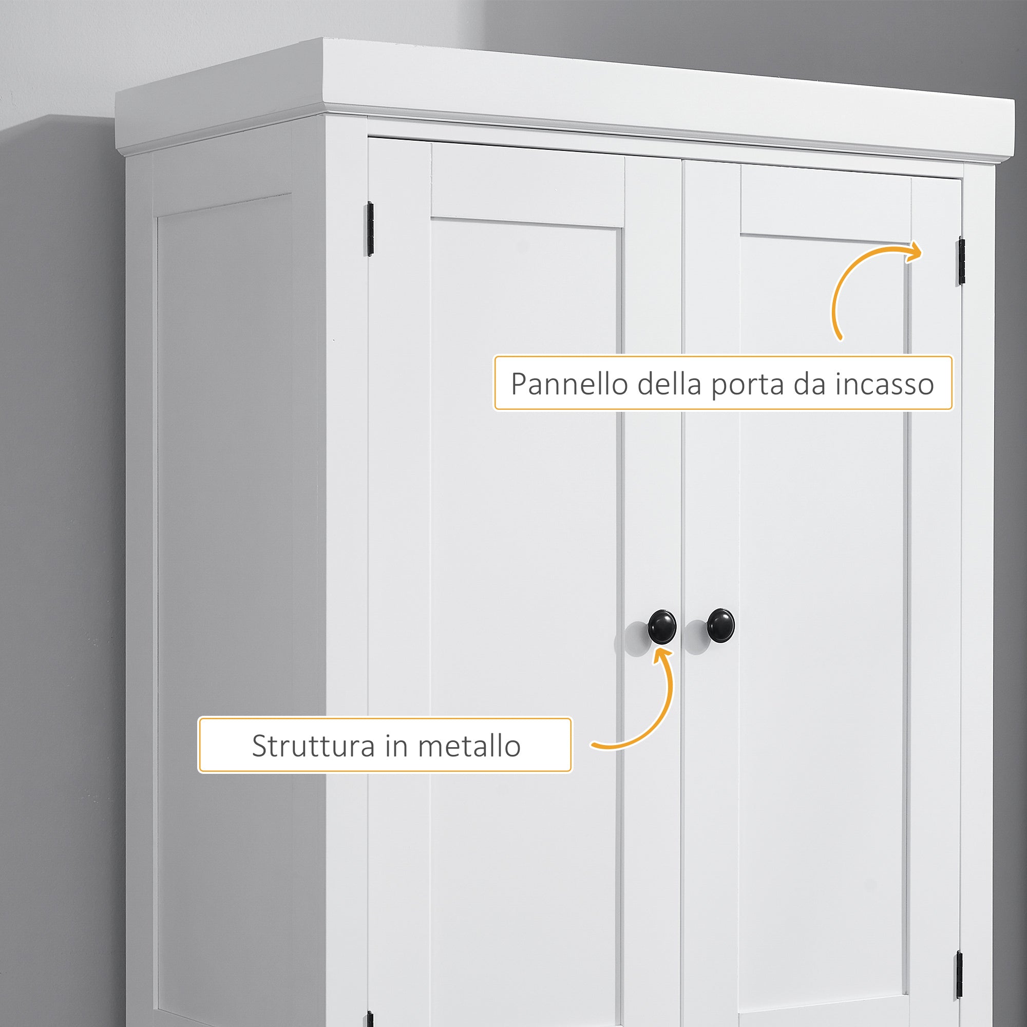 Kitchen Trolley with Upper and Lower Cabinet and Central Drawer in MDF, Chipboard, and Metal, 76x40.5x184 cm, White