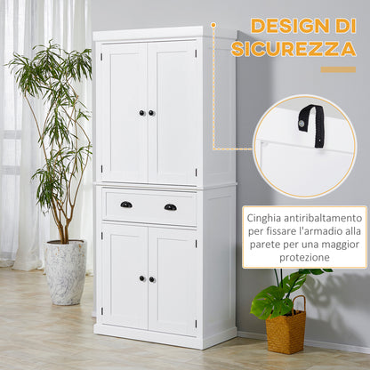 Kitchen Trolley with Upper and Lower Cabinet and Central Drawer in MDF, Chipboard, and Metal, 76x40.5x184 cm, White