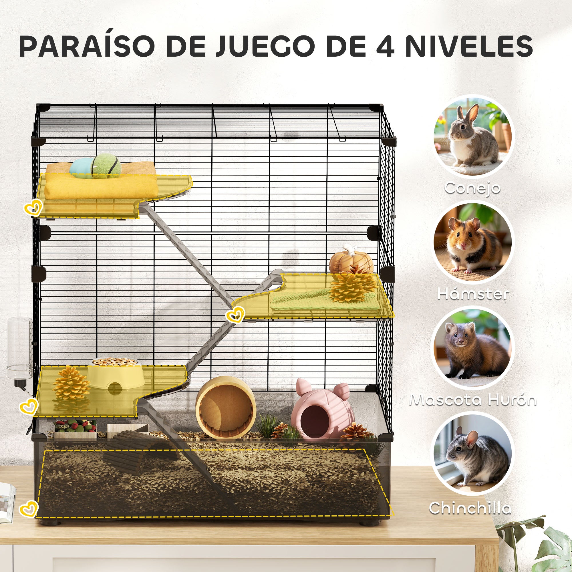 4-Level Cage for Small Animals Rodent Cage with Deep Tray Ramps Platforms Feeder and Drinker Enclosure for Chinchillas Ferrets Hamsters 73x47x80 cm Black