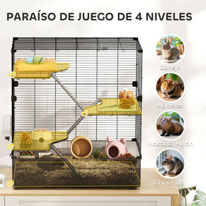 4-Level Cage for Small Animals Rodent Cage with Deep Tray Ramps Platforms Feeder and Drinker Enclosure for Chinchillas Ferrets Hamsters 73x47x80 cm Black