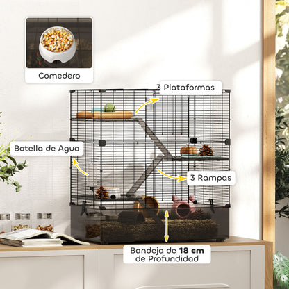 4-Level Cage for Small Animals Rodent Cage with Deep Tray Ramps Platforms Feeder and Drinker Enclosure for Chinchillas Ferrets Hamsters 73x47x80 cm Black