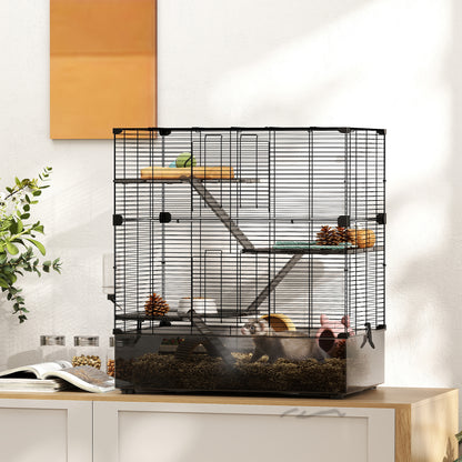 4-Level Cage for Small Animals Rodent Cage with Deep Tray Ramps Platforms Feeder and Drinker Enclosure for Chinchillas Ferrets Hamsters 73x47x80 cm Black