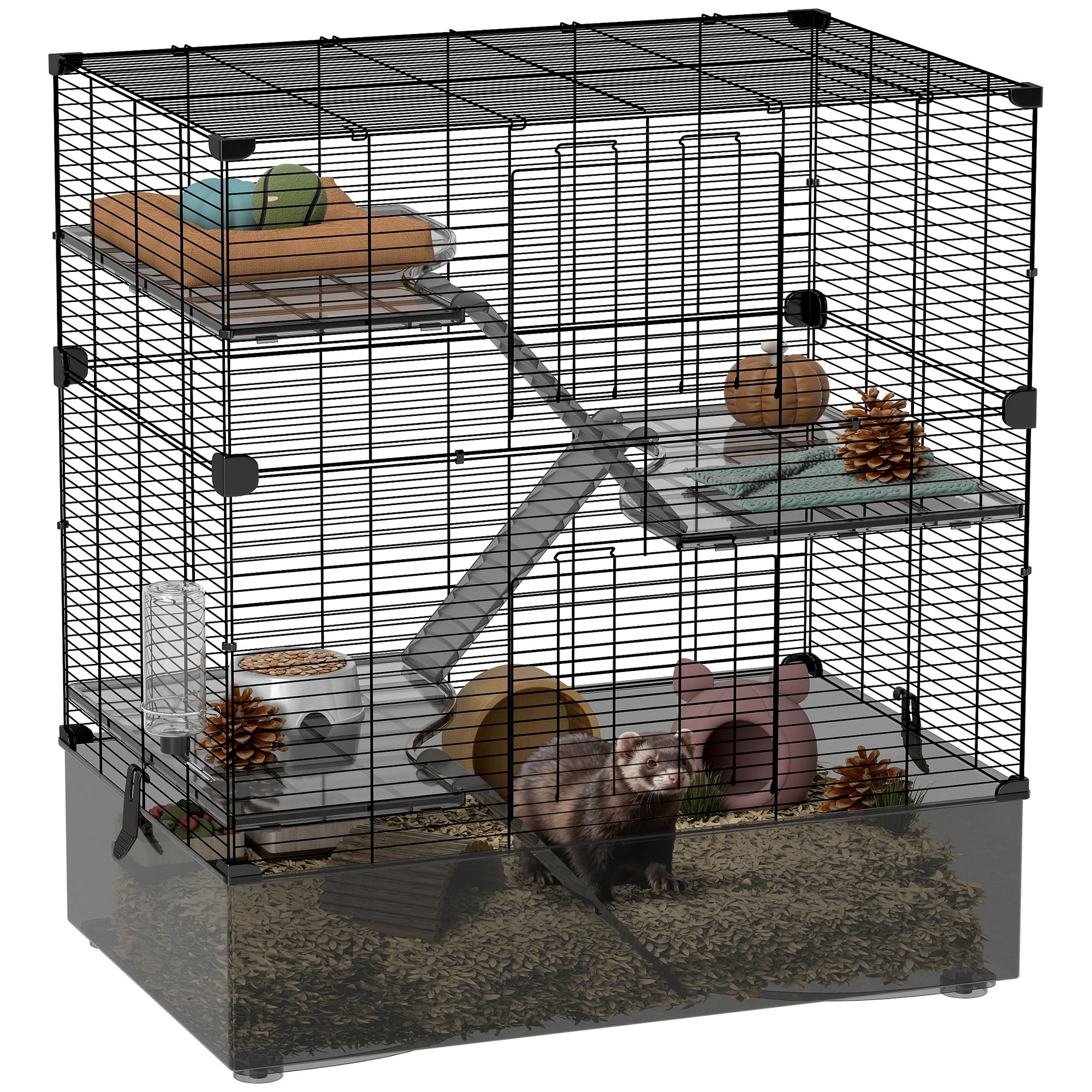 4-Level Cage for Small Animals Rodent Cage with Deep Tray Ramps Platforms Feeder and Drinker Enclosure for Chinchillas Ferrets Hamsters 73x47x80 cm Black
