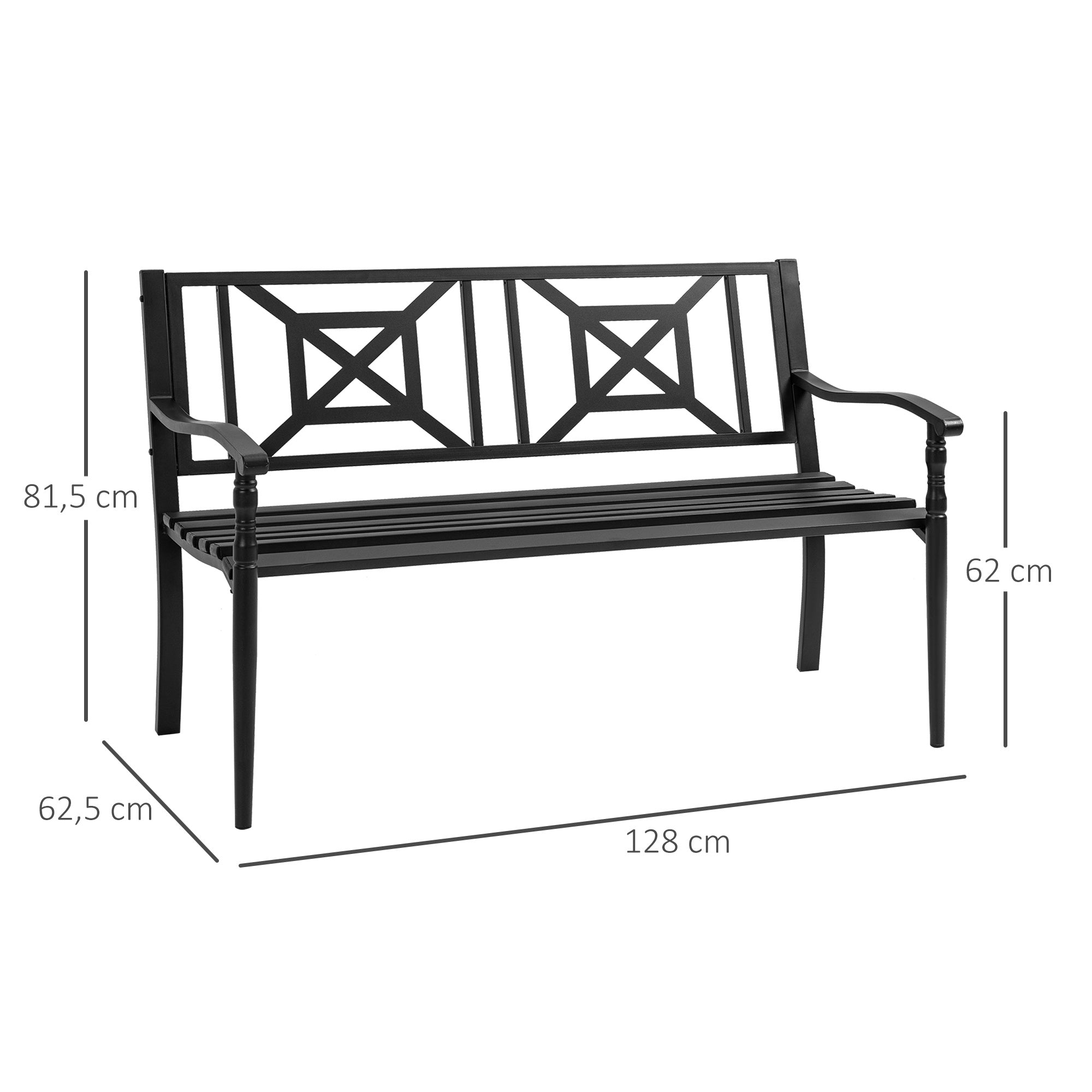 2-Seater Garden Bench Steel Outdoor Bench with Armrests and Decorative Backrest for Terrace Balcony Patio Load 240 kg 128x62.5x81.5 cm Black
