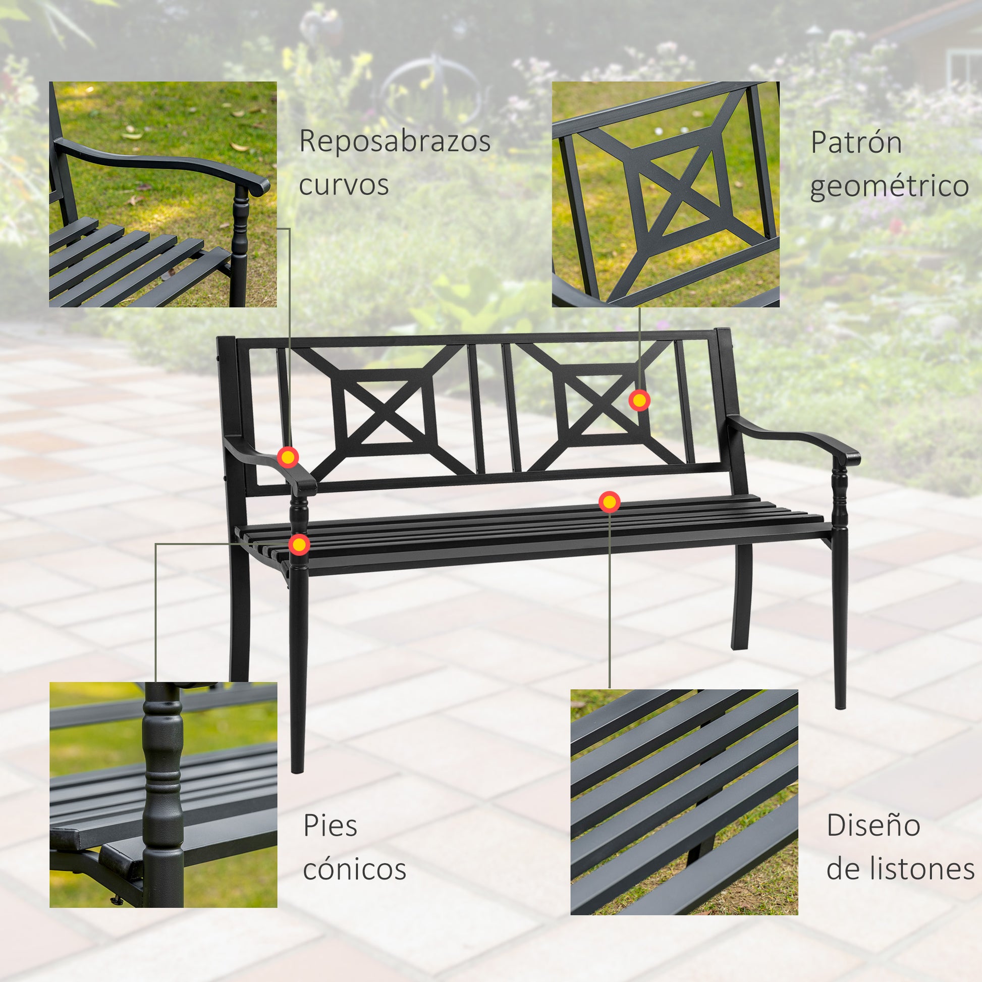 2-Seater Garden Bench Steel Outdoor Bench with Armrests and Decorative Backrest for Terrace Balcony Patio Load 240 kg 128x62.5x81.5 cm Black