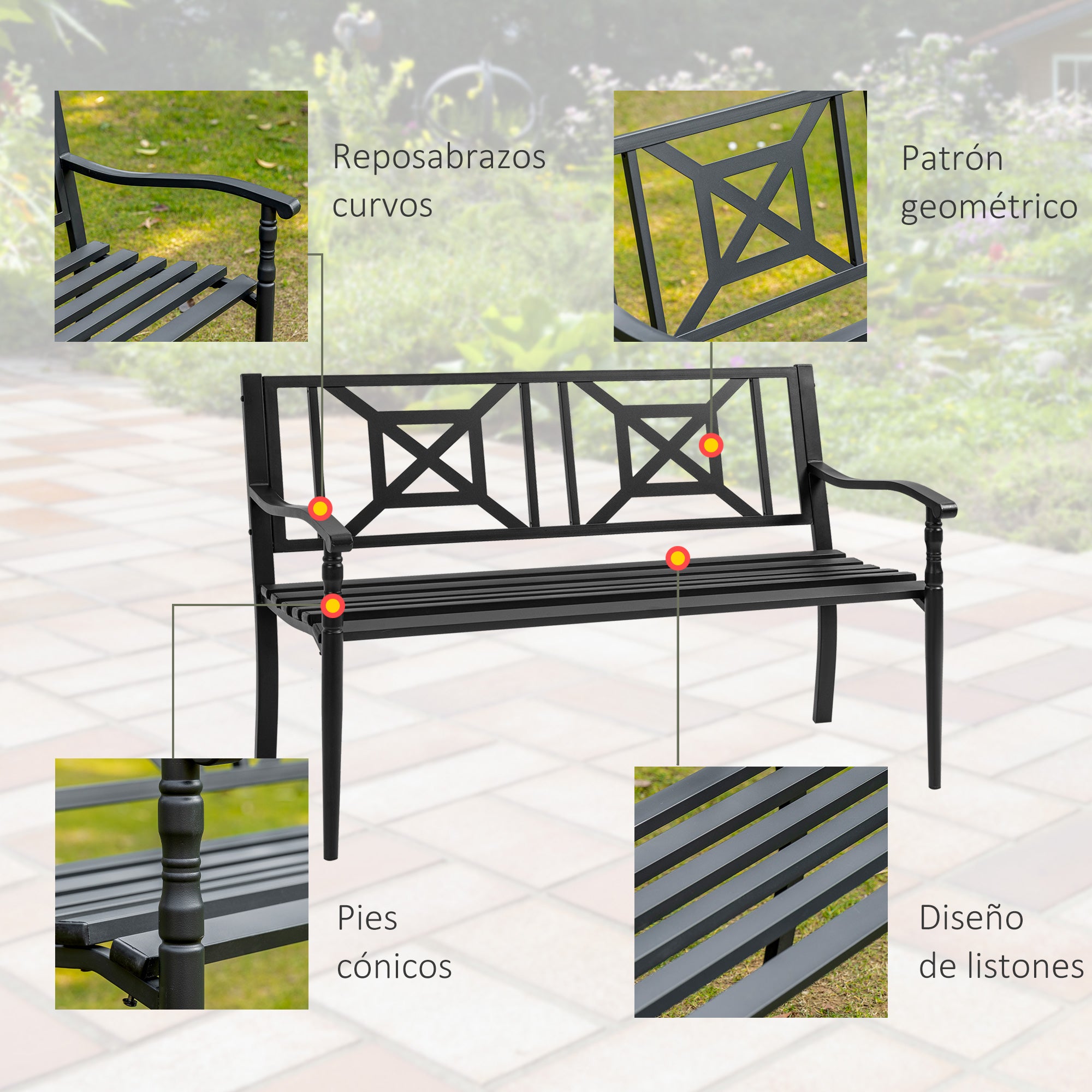 2-Seater Garden Bench Steel Outdoor Bench with Armrests and Decorative Backrest for Terrace Balcony Patio Load 240 kg 128x62.5x81.5 cm Black