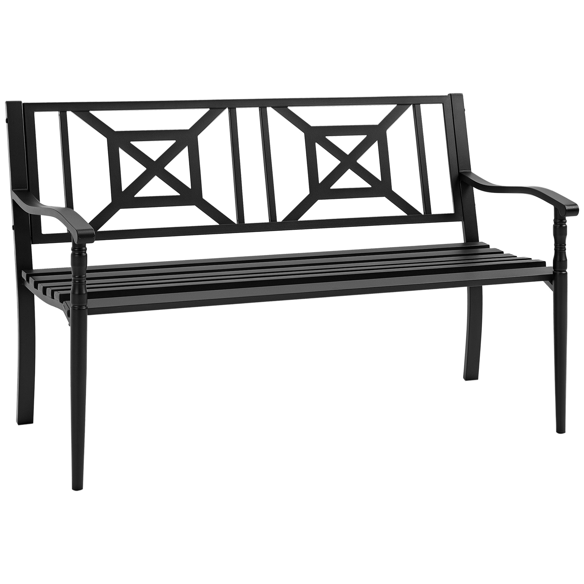 2-Seater Garden Bench Steel Outdoor Bench with Armrests and Decorative Backrest for Terrace Balcony Patio Load 240 kg 128x62.5x81.5 cm Black