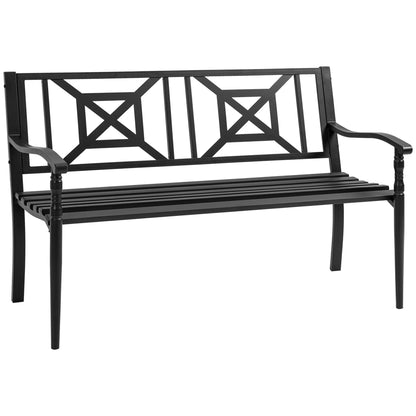 2-Seater Garden Bench Steel Outdoor Bench with Armrests and Decorative Backrest for Terrace Balcony Patio Load 240 kg 128x62.5x81.5 cm Black