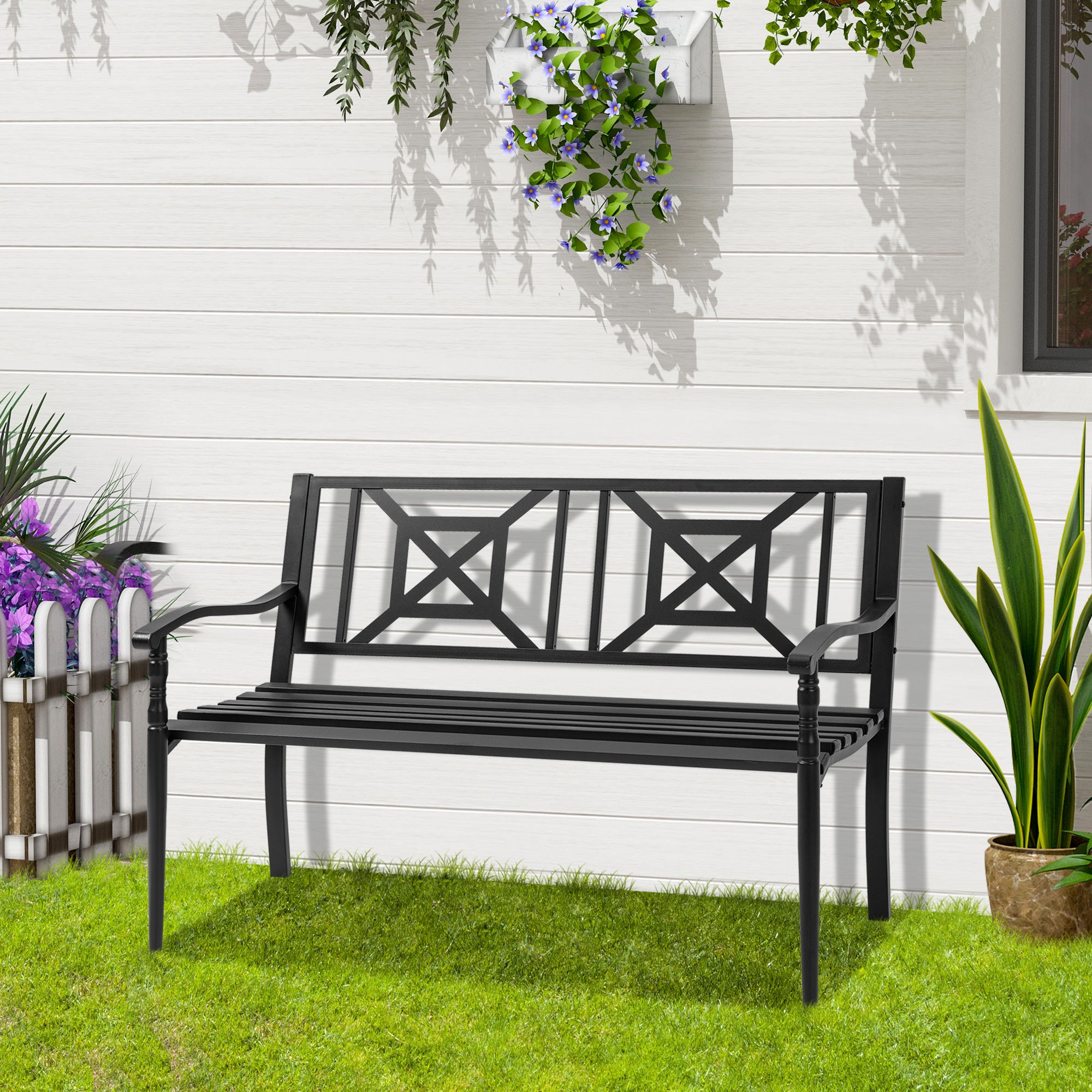 2-Seater Garden Bench Steel Outdoor Bench with Armrests and Decorative Backrest for Terrace Balcony Patio Load 240 kg 128x62.5x81.5 cm Black