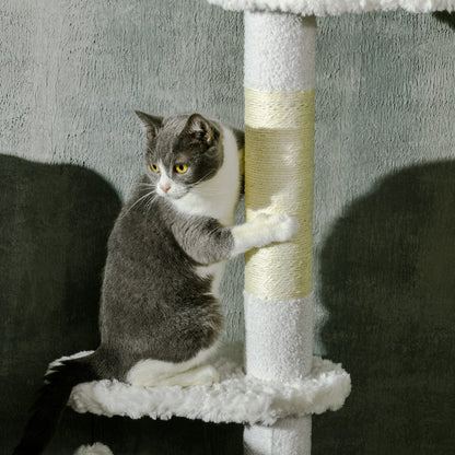 Scratching Post, Cat Tree Floor-to-Ceiling, Cat Scratching Post, 225-255 cm, Climbing Tree with Toy Ball, Jute Rope Posts, Hammock, Cat Ladder, Cat Furniture, White