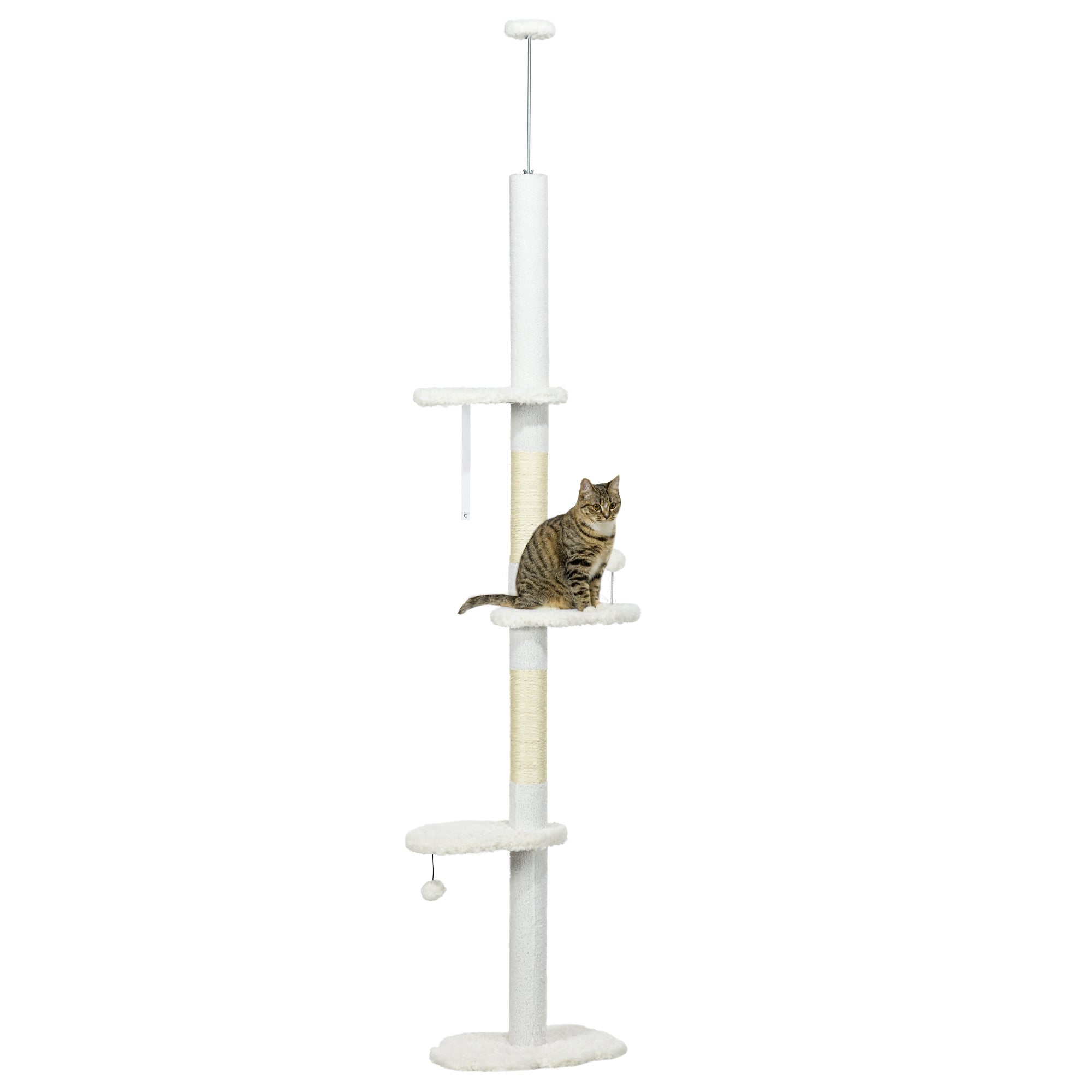 Scratching Post, Cat Tree Floor-to-Ceiling, Cat Scratching Post, 225-255 cm, Climbing Tree with Toy Ball, Jute Rope Posts, Hammock, Cat Ladder, Cat Furniture, White