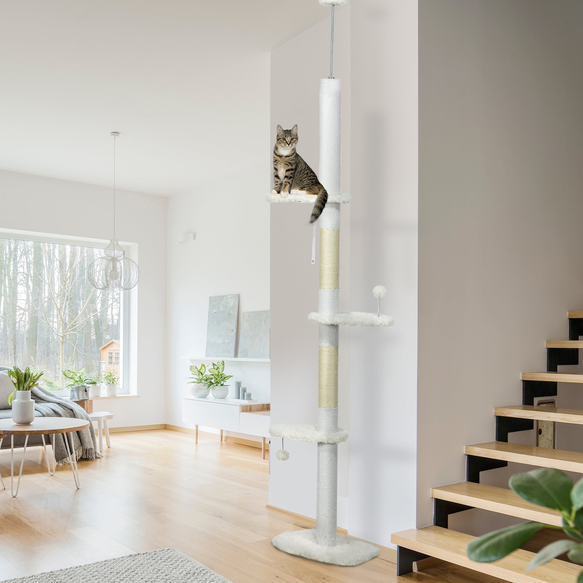 Scratching Post, Cat Tree Floor-to-Ceiling, Cat Scratching Post, 225-255 cm, Climbing Tree with Toy Ball, Jute Rope Posts, Hammock, Cat Ladder, Cat Furniture, White