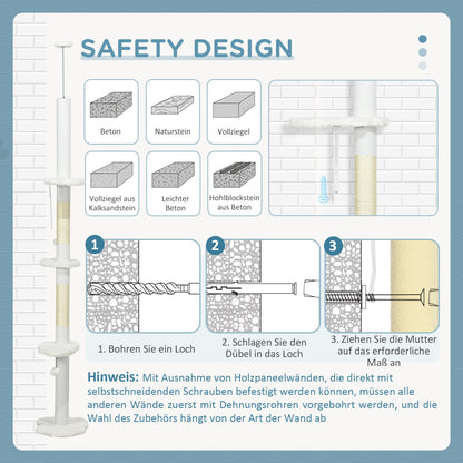 Scratching Post, Cat Tree Floor-to-Ceiling, Cat Scratching Post, 225-255 cm, Climbing Tree with Toy Ball, Jute Rope Posts, Hammock, Cat Ladder, Cat Furniture, White