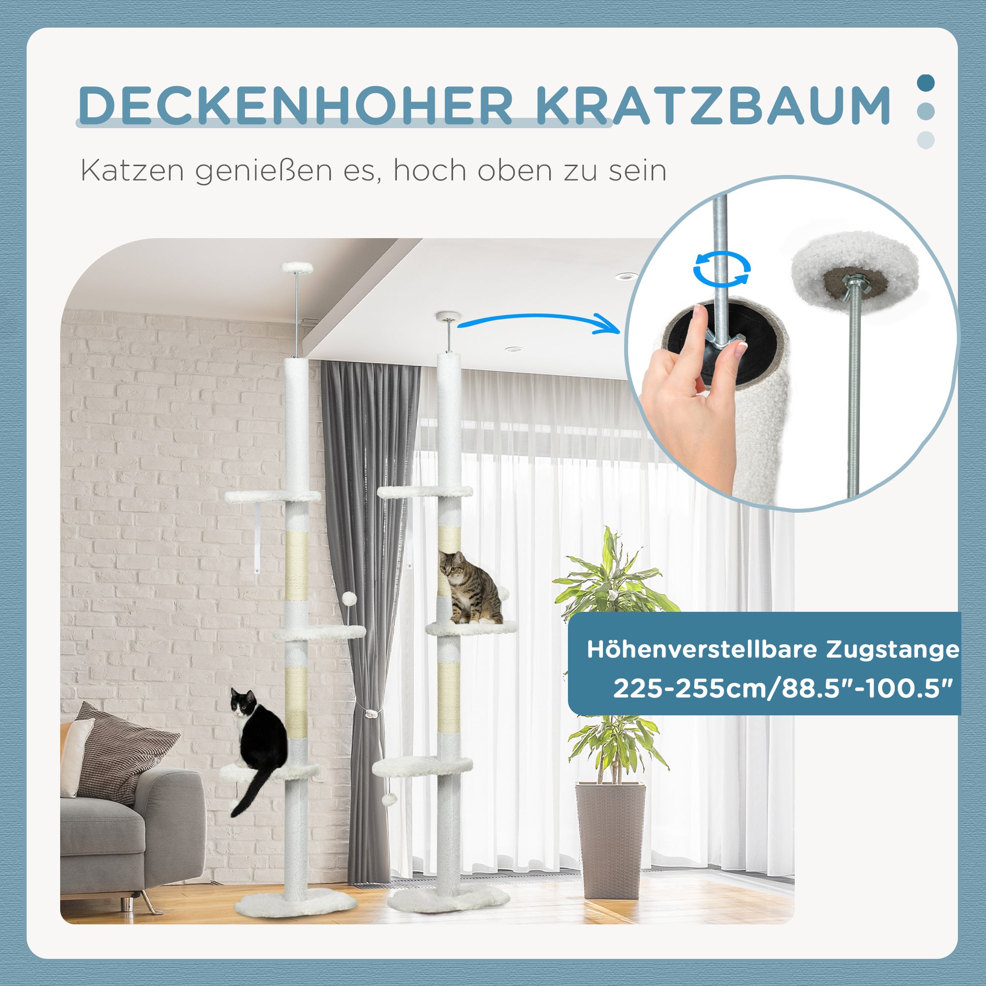 Scratching Post, Cat Tree Floor-to-Ceiling, Cat Scratching Post, 225-255 cm, Climbing Tree with Toy Ball, Jute Rope Posts, Hammock, Cat Ladder, Cat Furniture, White