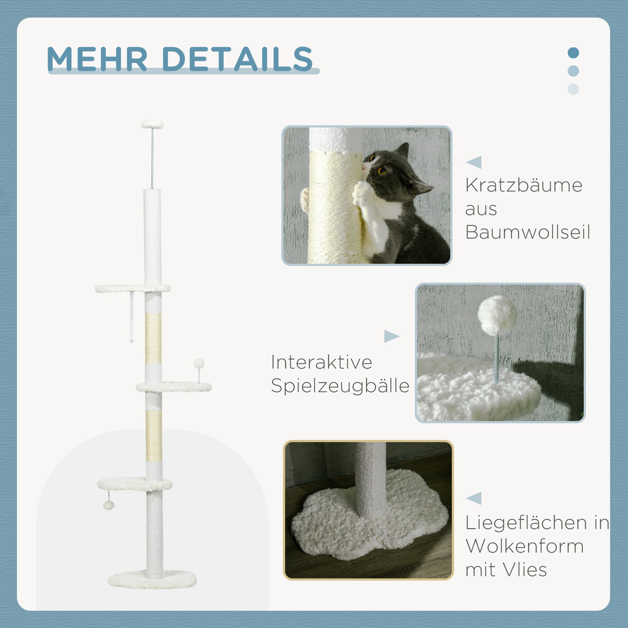 Scratching Post, Cat Tree Floor-to-Ceiling, Cat Scratching Post, 225-255 cm, Climbing Tree with Toy Ball, Jute Rope Posts, Hammock, Cat Ladder, Cat Furniture, White