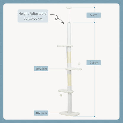 Scratching Post, Cat Tree Floor-to-Ceiling, Cat Scratching Post, 225-255 cm, Climbing Tree with Toy Ball, Jute Rope Posts, Hammock, Cat Ladder, Cat Furniture, White