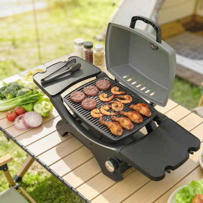 3.3 kW Portable Tabletop Gas Grill — 1 Burner, Foldable Side Shelves, Cast-Iron Grates, Removable Drip Tray & Thermometer — Patio & Balcony BBQ