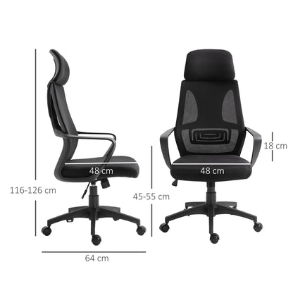 Office Chair Desk Chair Adjustable with Backrest Armrests Headrest Wheels and Rocking Function Load 120 kg 64x55x116-126 cm Black