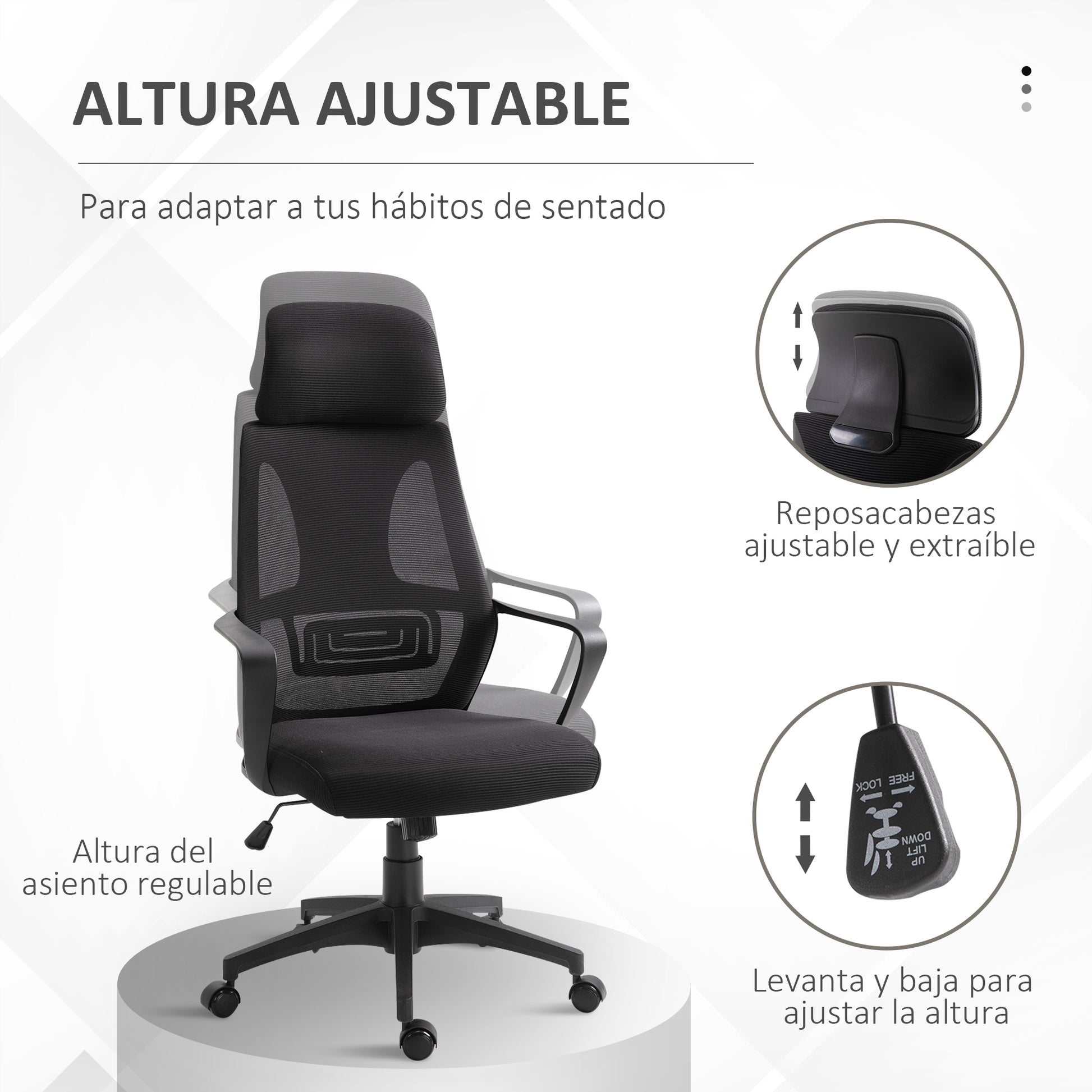 Office Chair Desk Chair Adjustable with Backrest Armrests Headrest Wheels and Rocking Function Load 120 kg 64x55x116-126 cm Black