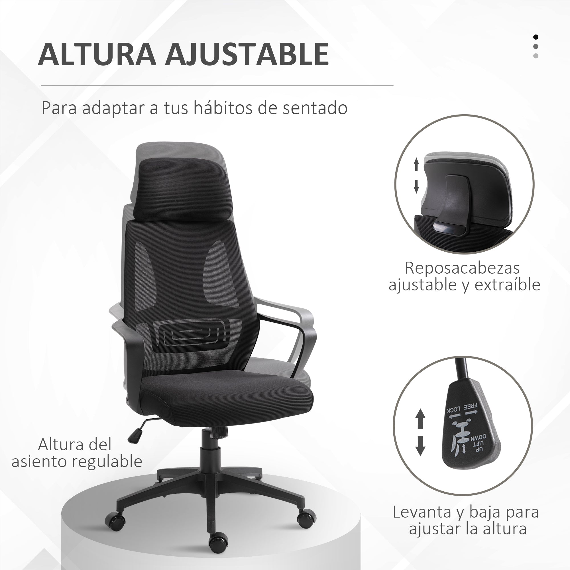 Office Chair Desk Chair Adjustable with Backrest Armrests Headrest Wheels and Rocking Function Load 120 kg 64x55x116-126 cm Black
