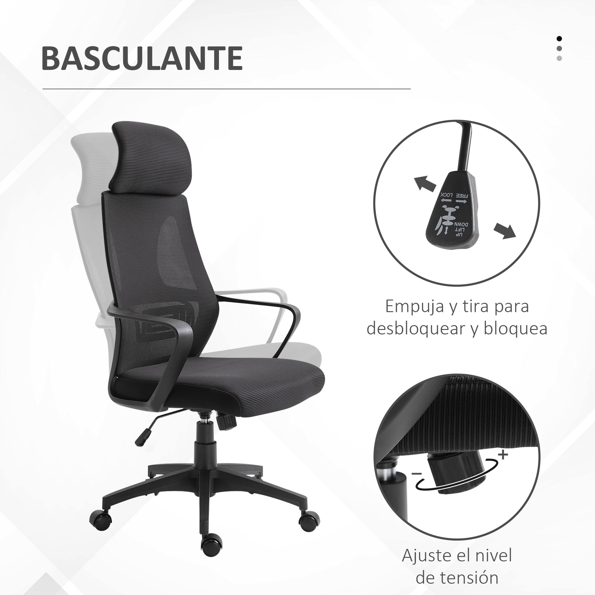 Office Chair Desk Chair Adjustable with Backrest Armrests Headrest Wheels and Rocking Function Load 120 kg 64x55x116-126 cm Black