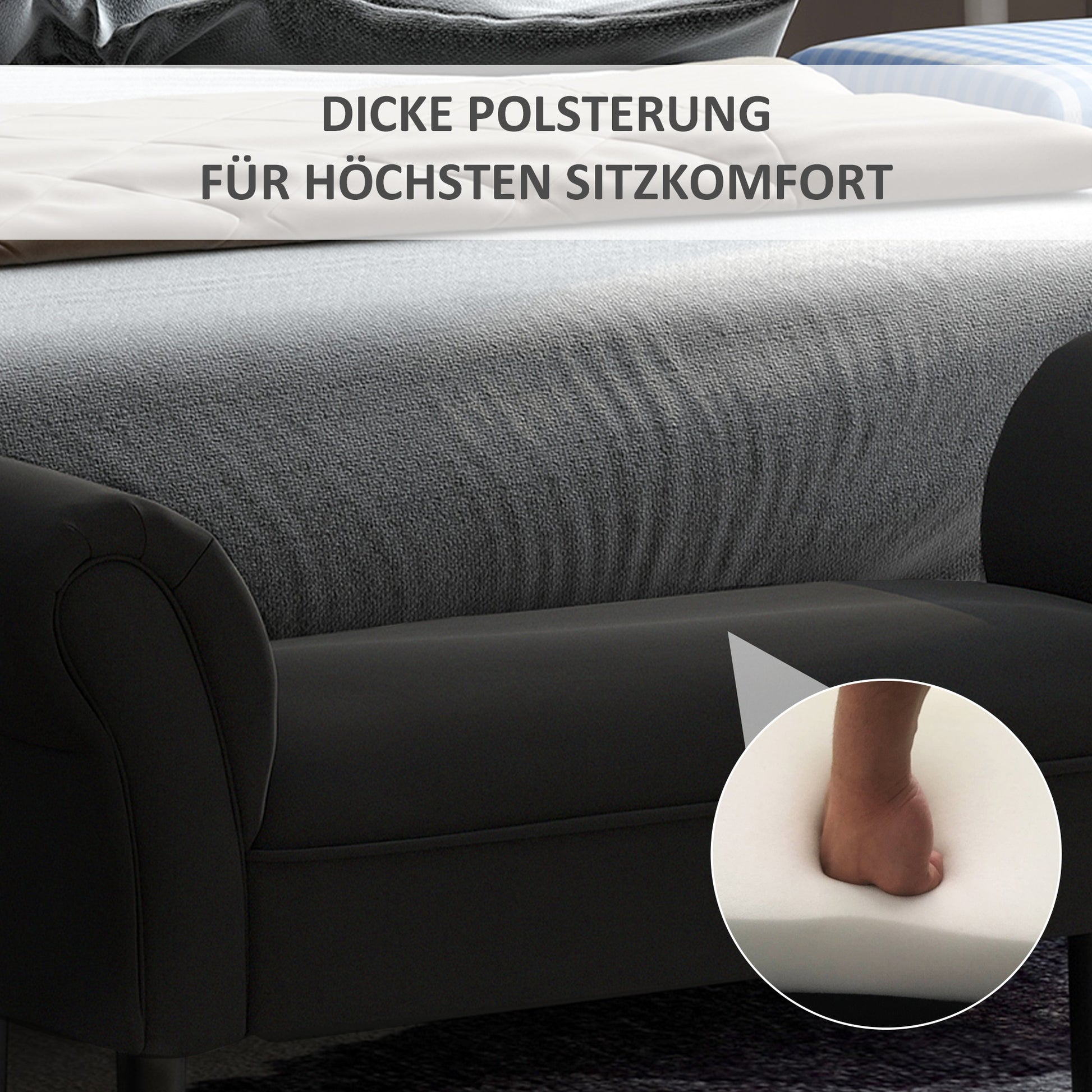 Bed Bench, Upholstered Bench, Seating Bench, Hallway Bench for Bedroom, up to 130 kg Load Capacity, Sailcloth, Black, 102 x 36 x 51 cm