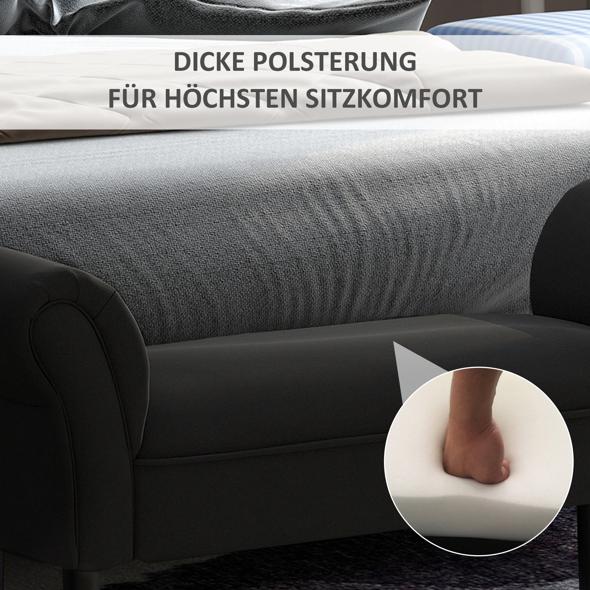Bed Bench, Upholstered Bench, Seating Bench, Hallway Bench for Bedroom, up to 130 kg Load Capacity, Sailcloth, Black, 102 x 36 x 51 cm
