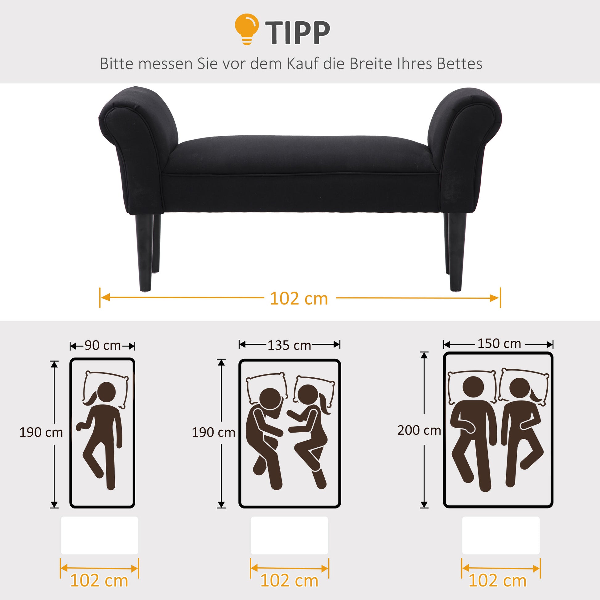 Bed Bench, Upholstered Bench, Seating Bench, Hallway Bench for Bedroom, up to 130 kg Load Capacity, Sailcloth, Black, 102 x 36 x 51 cm