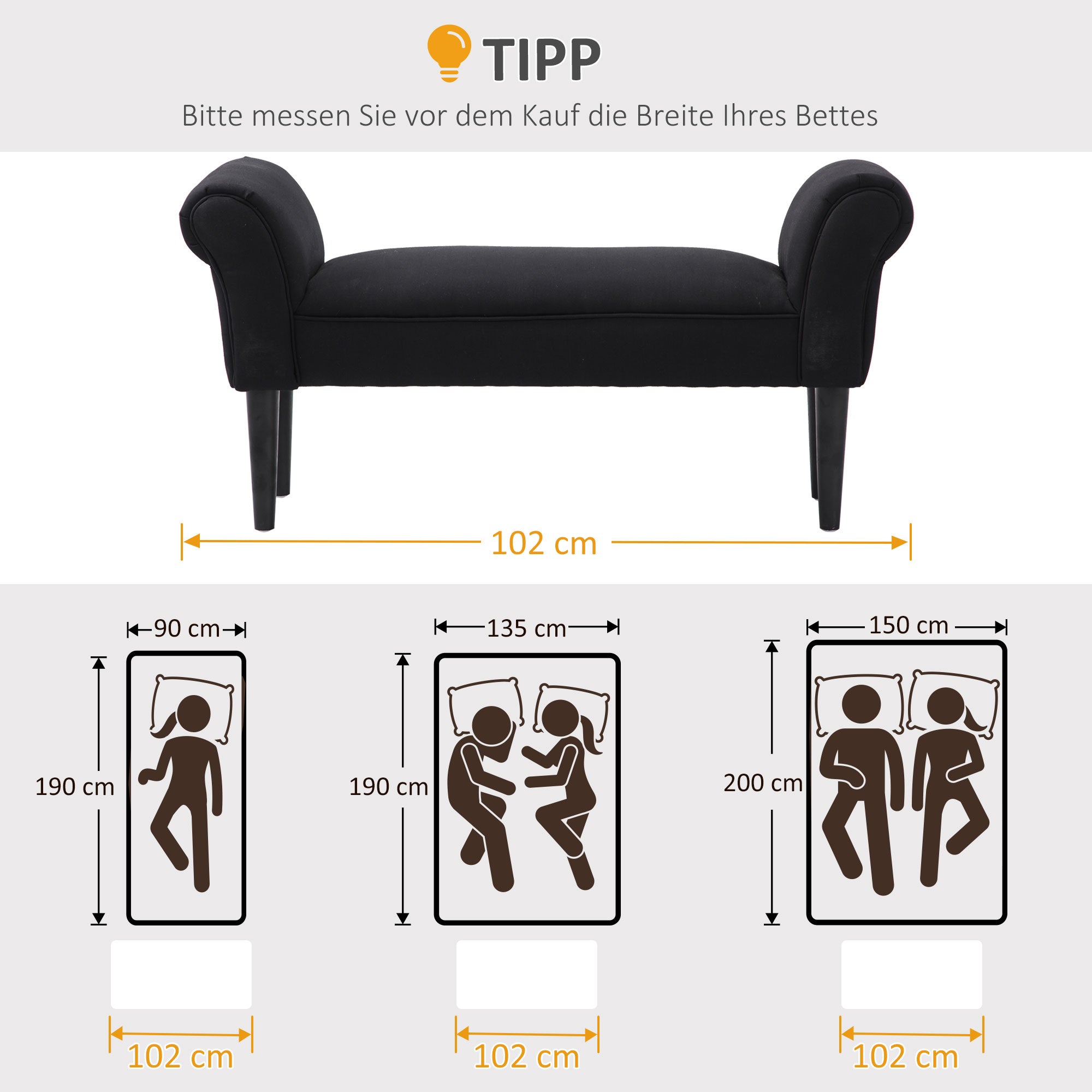 Bed Bench, Upholstered Bench, Seating Bench, Hallway Bench for Bedroom, up to 130 kg Load Capacity, Sailcloth, Black, 102 x 36 x 51 cm