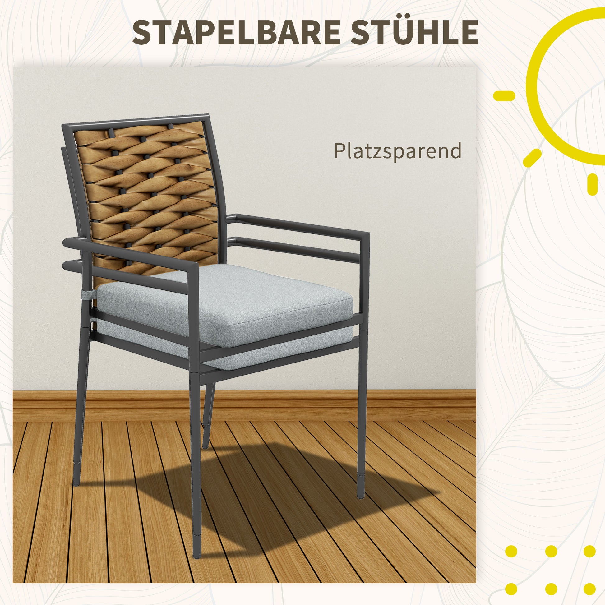 2-Piece Rattan Garden Chair Set with Cushions, Stackable Outdoor Chair, Balcony Chair for Patio, Steel, 57 x 58 x 87 cm, Gray
