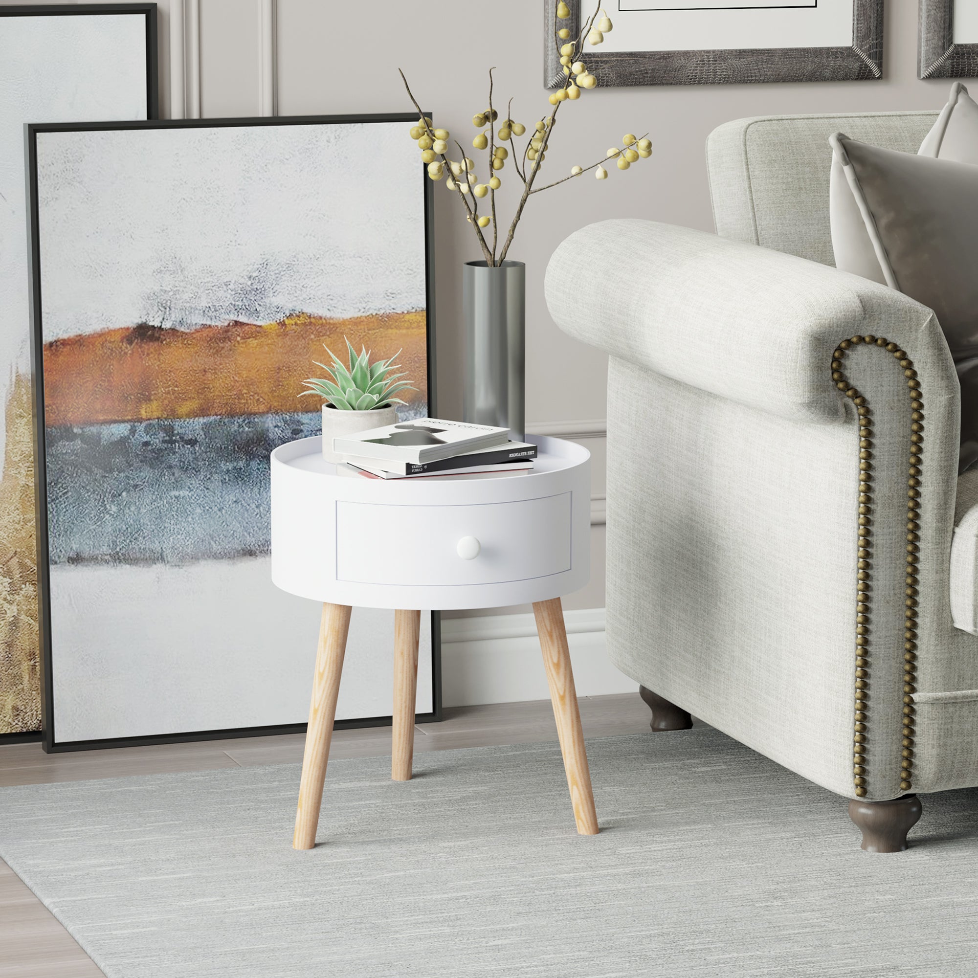 Bedside Table with 1 Drawer Round Side Table with Raised Edge and 3 Wooden Legs for Bedroom Living Room Modern Style Ø38x45 cm White