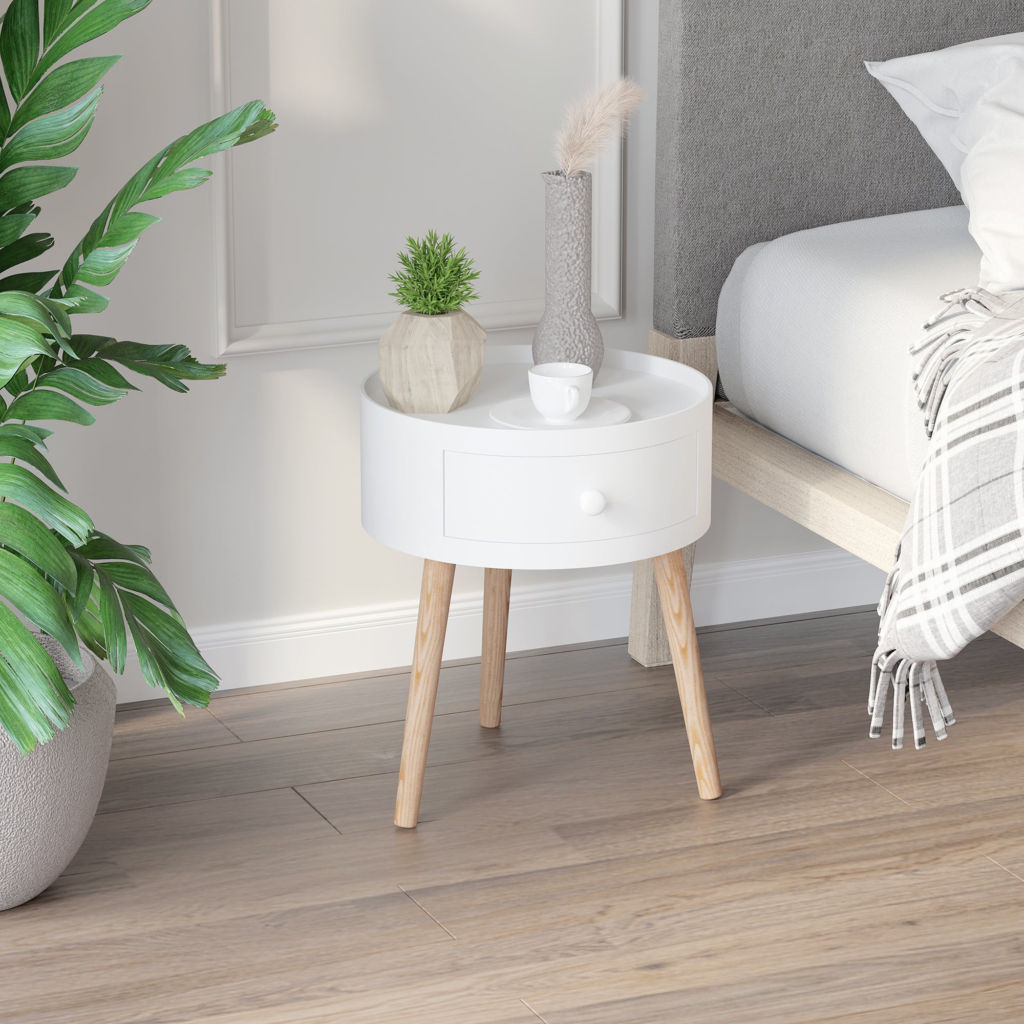 Bedside Table with 1 Drawer Round Side Table with Raised Edge and 3 Wooden Legs for Bedroom Living Room Modern Style Ø38x45 cm White