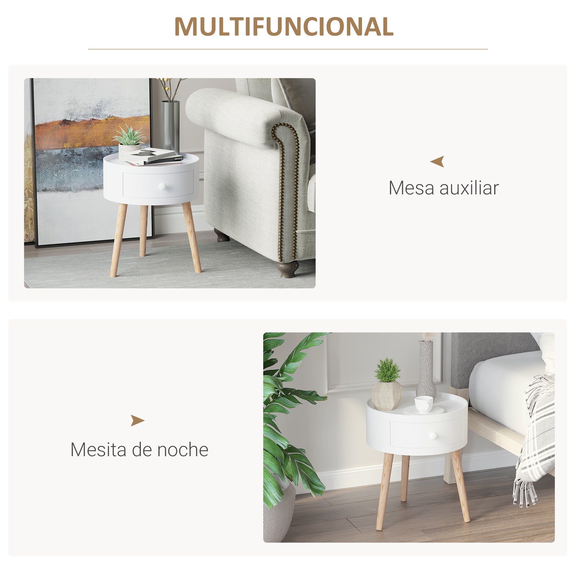 Bedside Table with 1 Drawer Round Side Table with Raised Edge and 3 Wooden Legs for Bedroom Living Room Modern Style Ø38x45 cm White