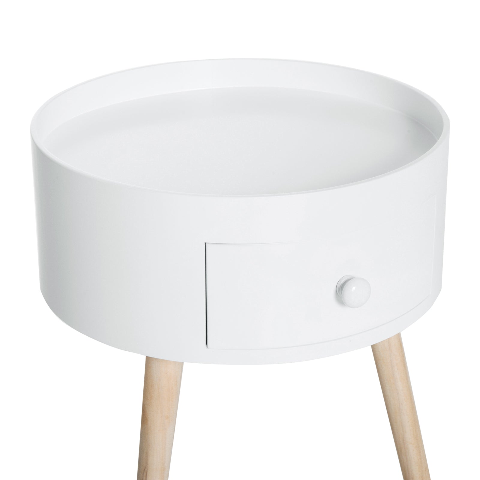 Bedside Table with 1 Drawer Round Side Table with Raised Edge and 3 Wooden Legs for Bedroom Living Room Modern Style Ø38x45 cm White