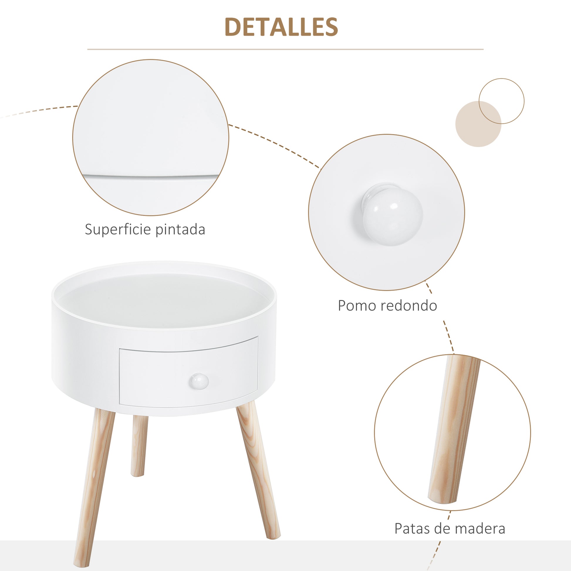 Bedside Table with 1 Drawer Round Side Table with Raised Edge and 3 Wooden Legs for Bedroom Living Room Modern Style Ø38x45 cm White