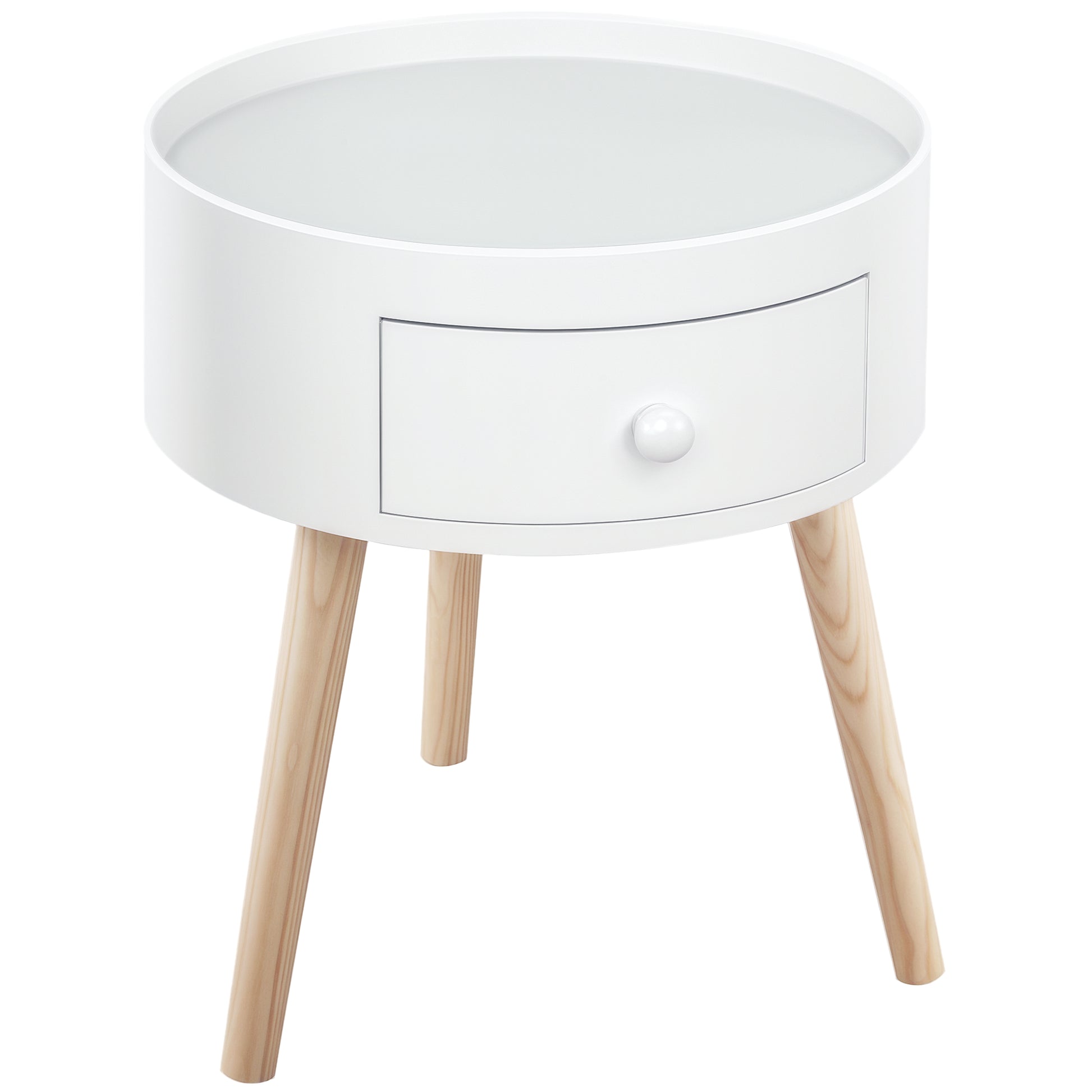 Bedside Table with 1 Drawer Round Side Table with Raised Edge and 3 Wooden Legs for Bedroom Living Room Modern Style Ø38x45 cm White