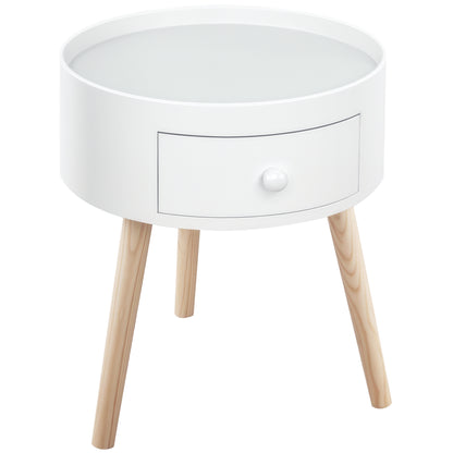 Bedside Table with 1 Drawer Round Side Table with Raised Edge and 3 Wooden Legs for Bedroom Living Room Modern Style Ø38x45 cm White