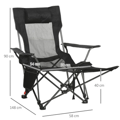 Camping Reclining Chair with Footrest, Folding Chair with Cup Holder and Pocket, 58x148x90cm, Black
