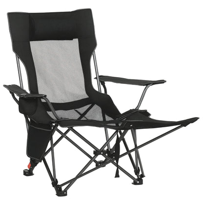Camping Reclining Chair with Footrest, Folding Chair with Cup Holder and Pocket, 58x148x90cm, Black