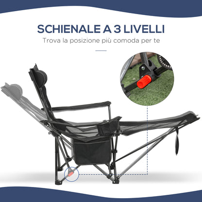 Camping Reclining Chair with Footrest, Folding Chair with Cup Holder and Pocket, 58x148x90cm, Black