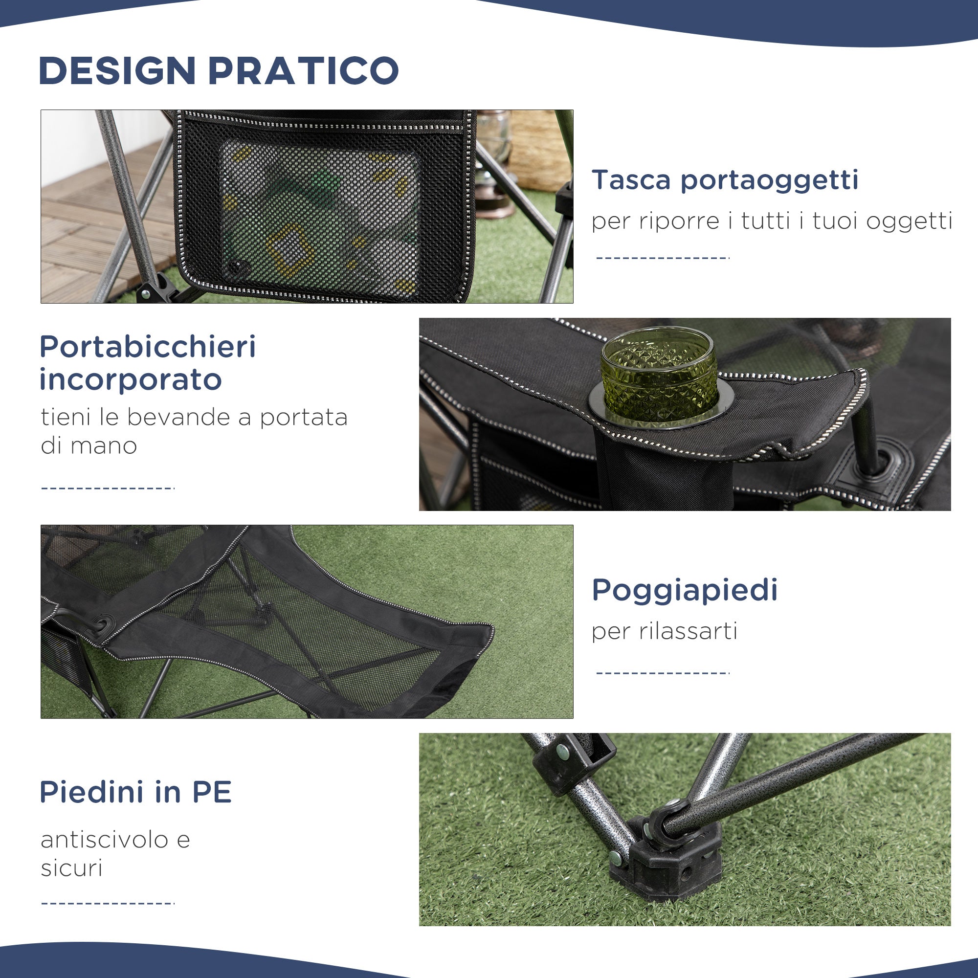 Camping Reclining Chair with Footrest, Folding Chair with Cup Holder and Pocket, 58x148x90cm, Black