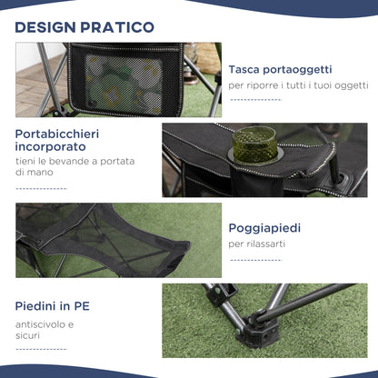 Camping Reclining Chair with Footrest, Folding Chair with Cup Holder and Pocket, 58x148x90cm, Black