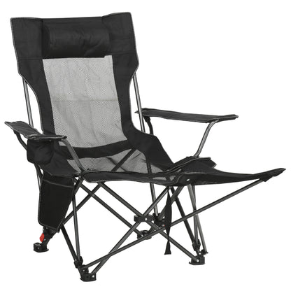 Camping Reclining Chair with Footrest, Folding Chair with Cup Holder and Pocket, 58x148x90cm, Black