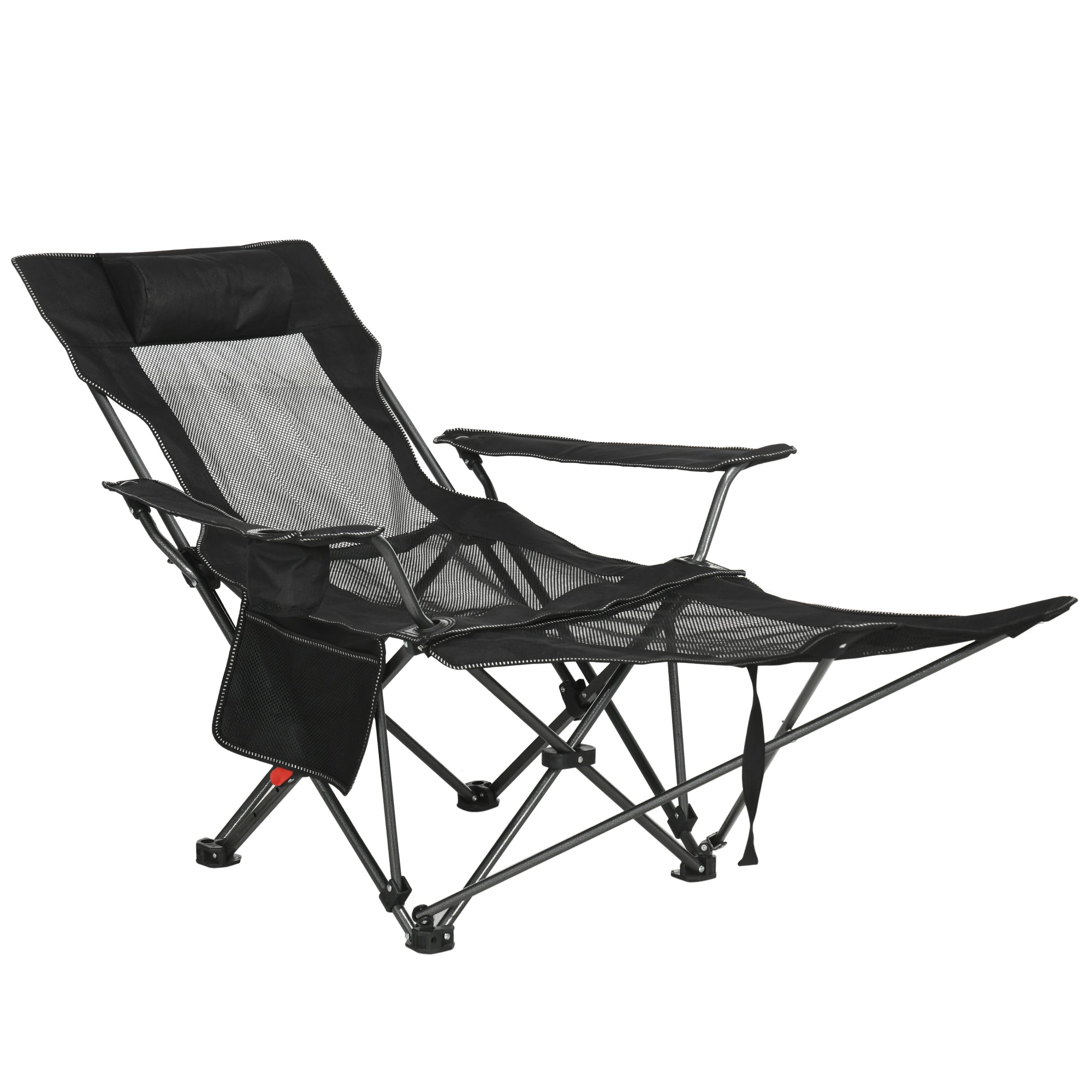 Camping Reclining Chair with Footrest, Folding Chair with Cup Holder and Pocket, 58x148x90cm, Black