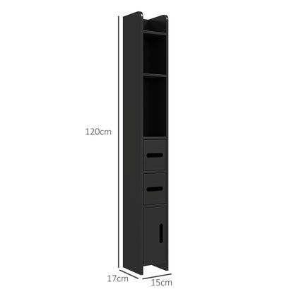 Bathroom Column with Shelves and Cabinets, Tall Space-Saving Wooden Bathroom Cabinet, 15x17x120cm, Black