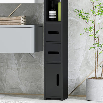 Bathroom Column with Shelves and Cabinets, Tall Space-Saving Wooden Bathroom Cabinet, 15x17x120cm, Black